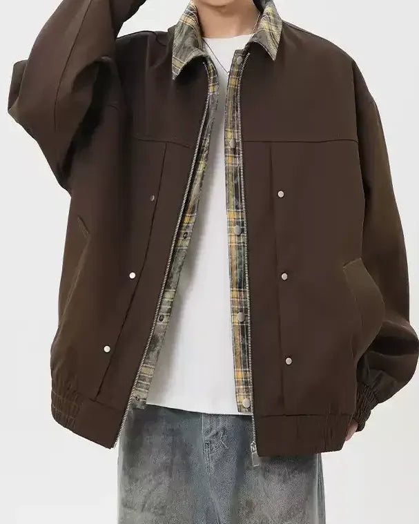 Lifestyle styling view of Plaid Lined Stand Collar Oversized Workwear Jacket