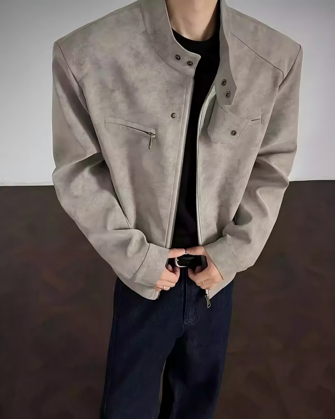 STEP BLOCK ST058 Washed Distressed Minimalist Stand Collar Workwear Jacket