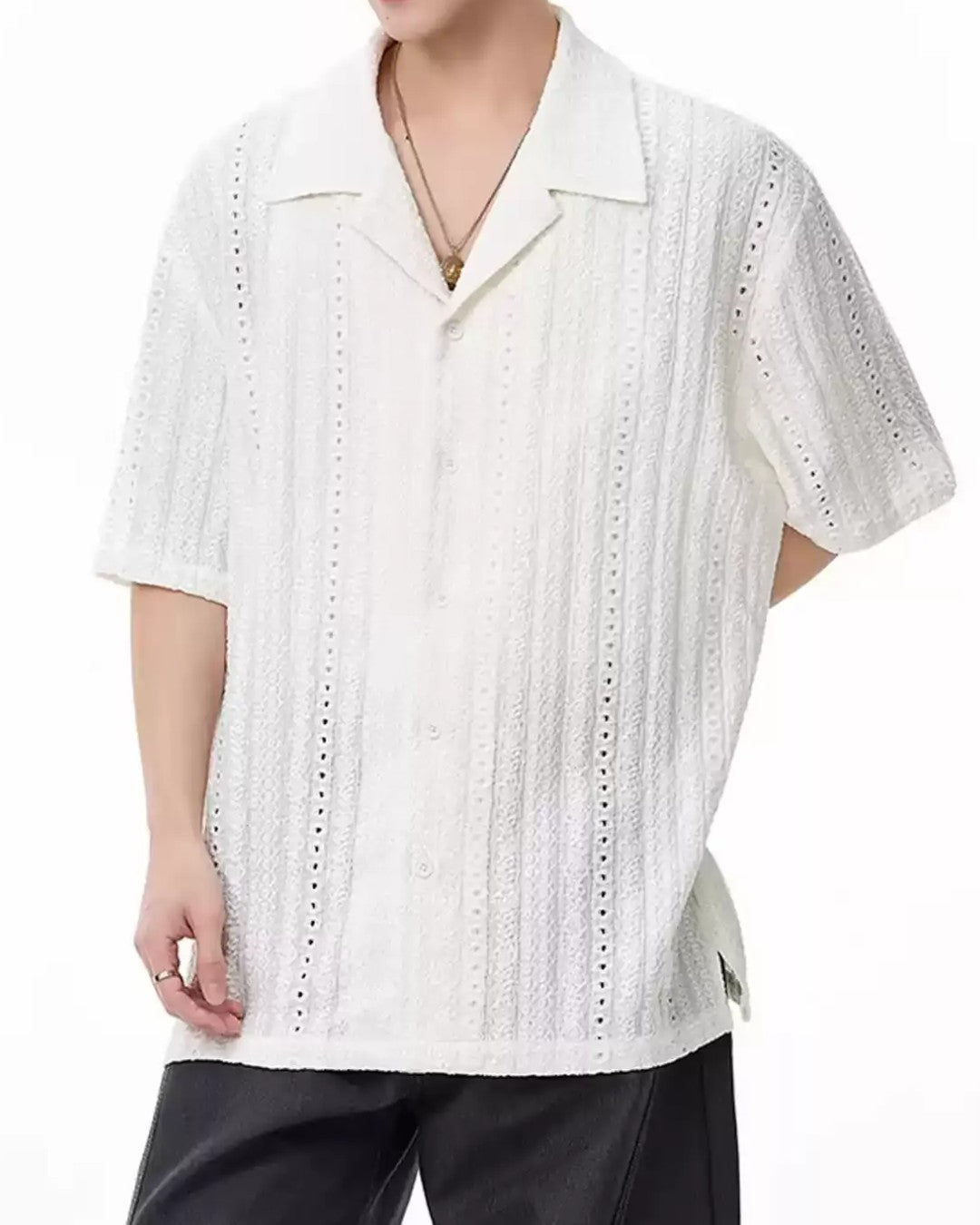 STEP BLOCK MT557 Hollow-Out Knit Short Sleeve T-Shirt - Streetwear