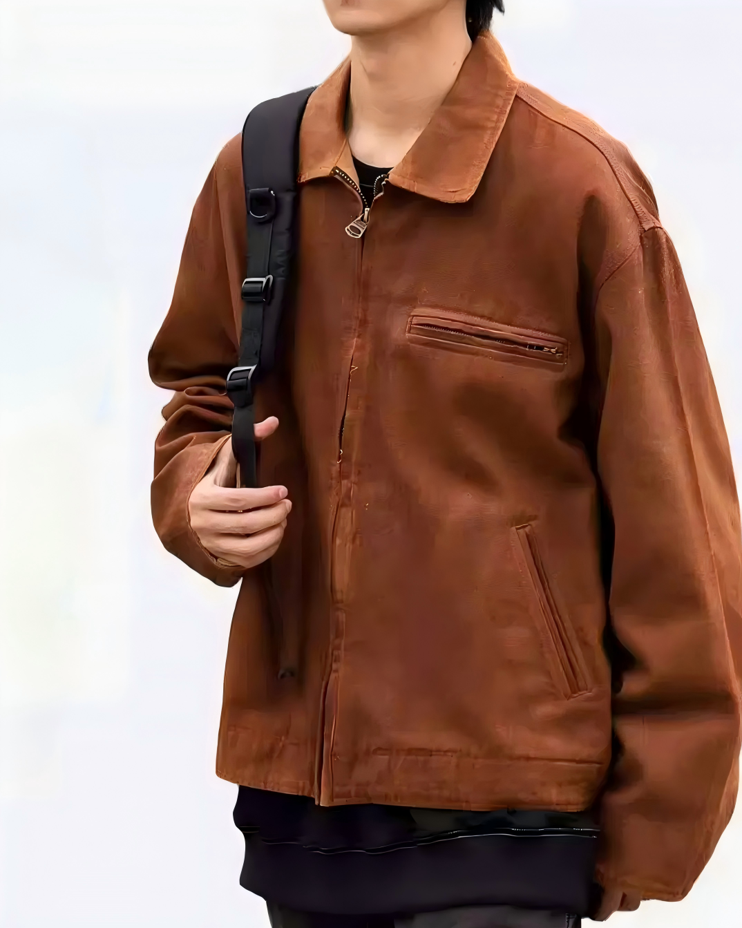 STEP BLOCK ST049 Washed Distressed Faux Leather Stand Collar Workwear Jacket