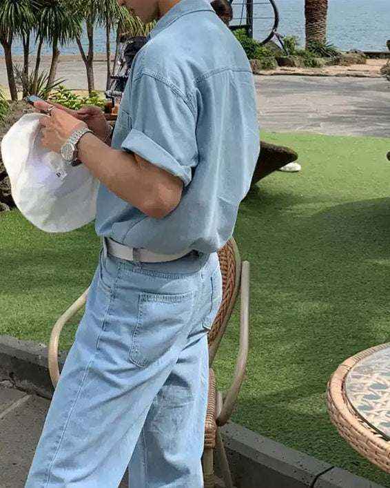 Side view of Light Blue Denim Button-Up Shirt