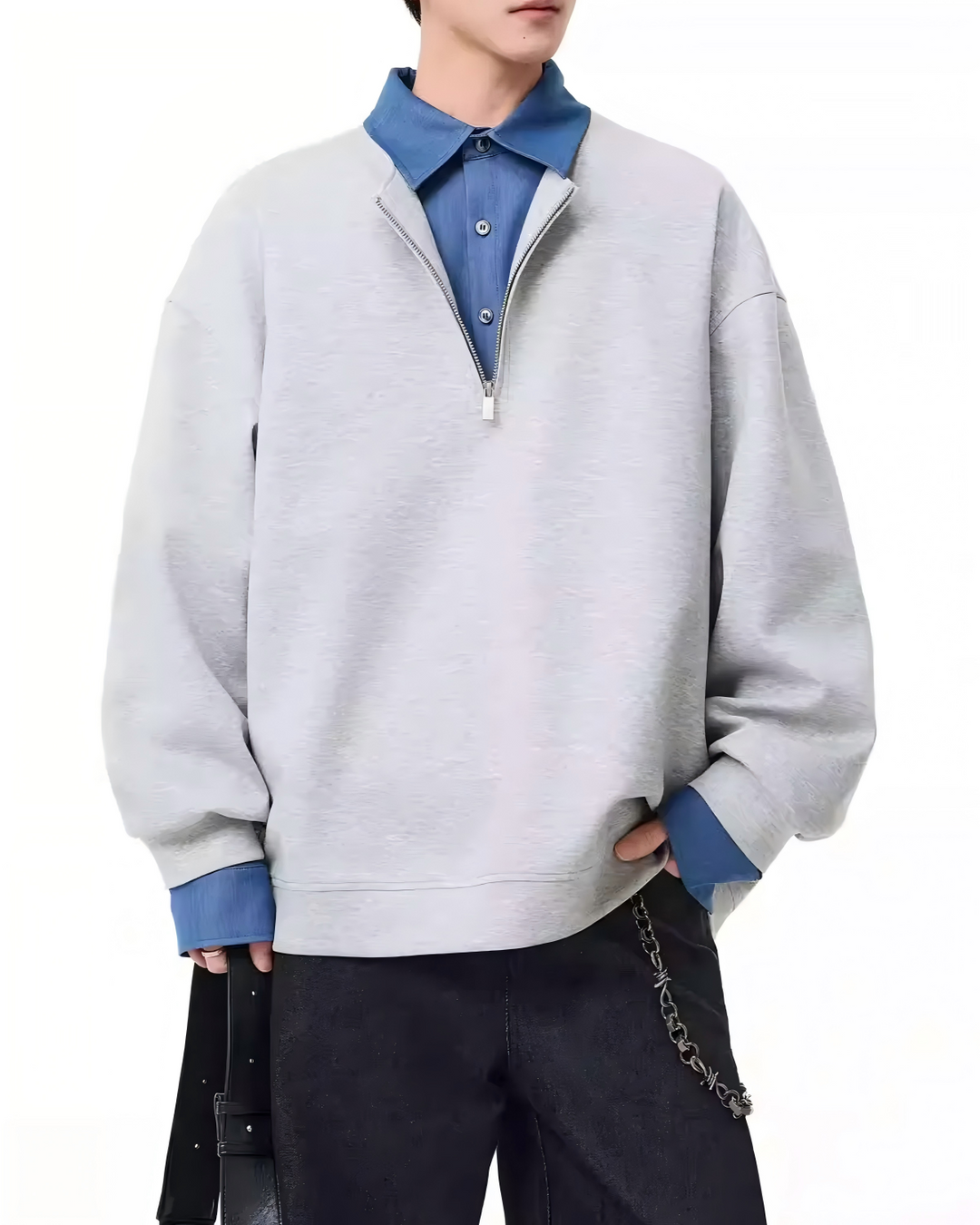 STEP BLOCK ST009 Faux Layered Denim Collar Half-Zip Sweater