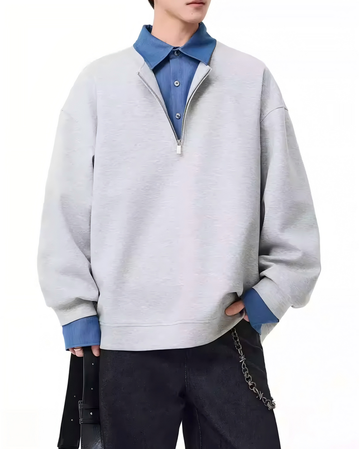 STEP BLOCK ST009 Faux Layered Denim Collar Half-Zip Sweater
