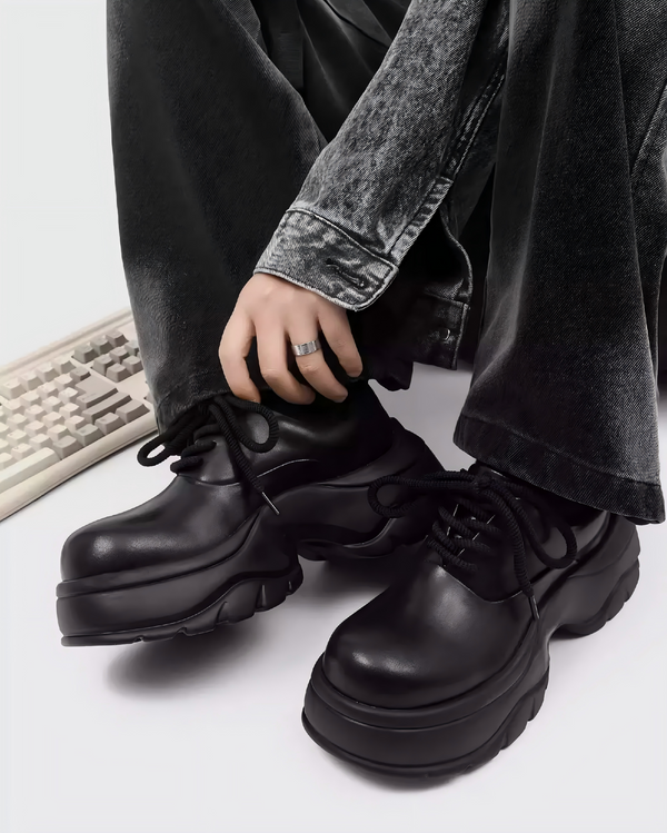 STEP BLOCK SH018 Men's Black Leather Chunky Platform Streetwear shoes