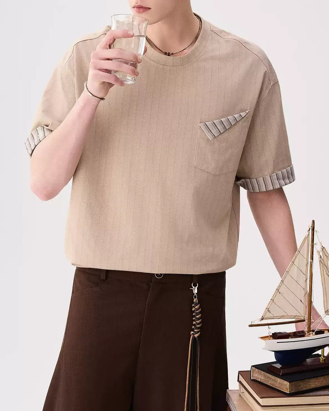 Side view of Linen Blend Oversized T-Shirt with Contrast Trim