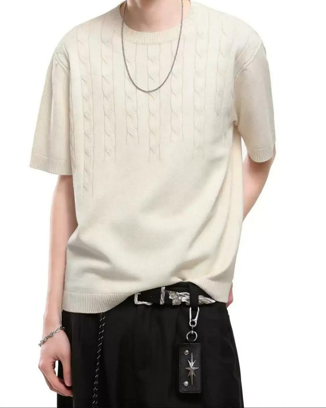 Lifestyle styling view of Cable Knit Oversized T-Shirt