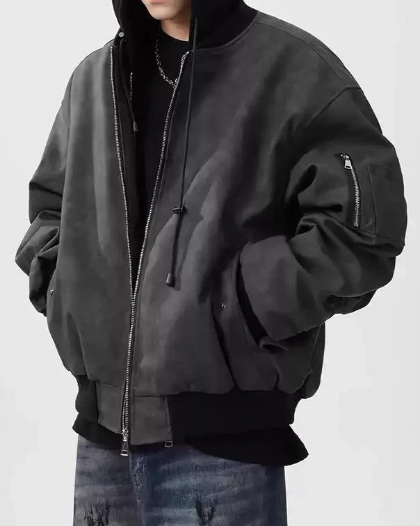 Additional product image of Washed Distressed Faux Leather Oversized Bomber Jacket