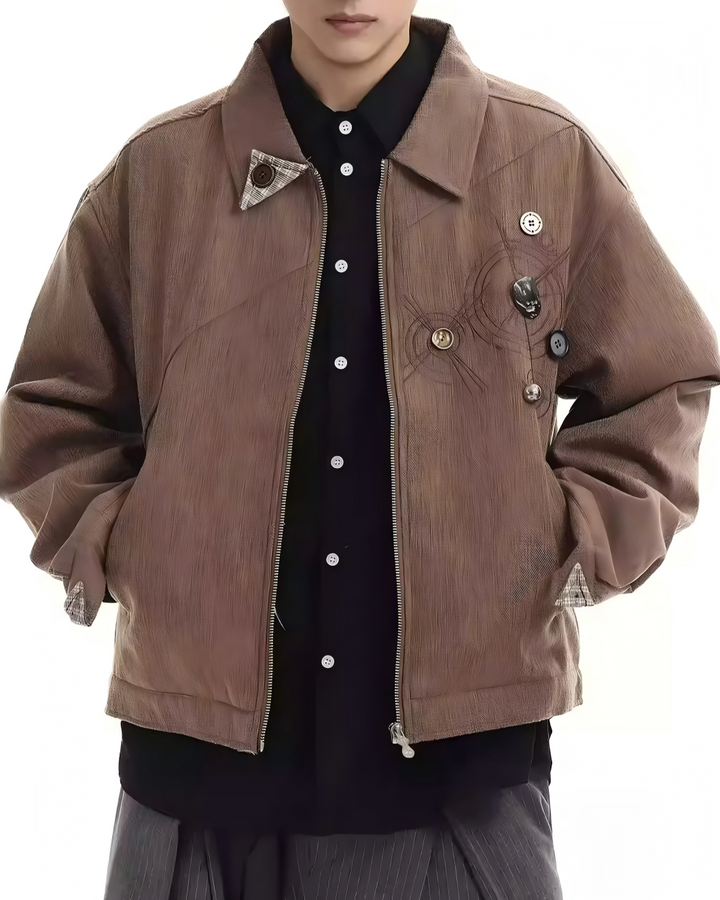 STEP BLOCK ST005 Vintage Washed Badge Detail Workwear Zip-Up Jacket