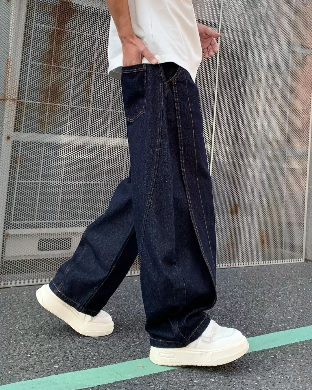 Side view of Raw Denim Wide Leg Jeans