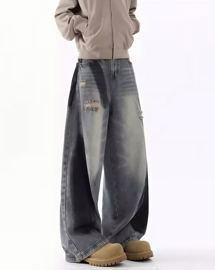 STEP BLOCK MT048 vintage washed distressed baggy jeans with patches