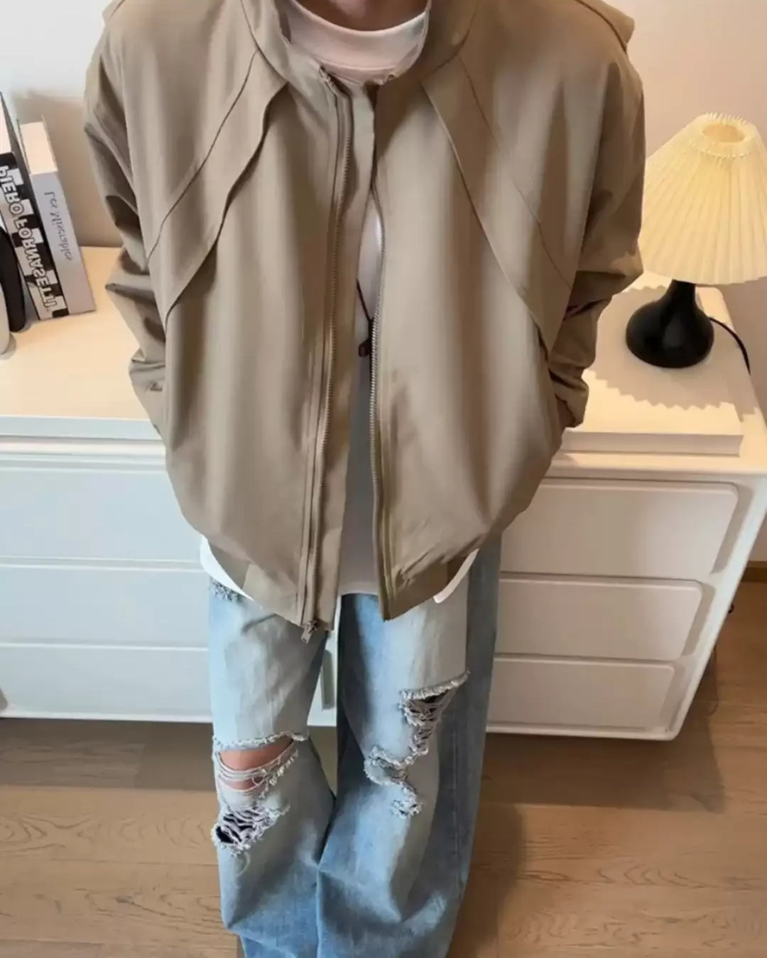 Side view of Minimalist Stand Collar Oversized Bomber Jacket