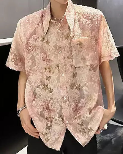 Back view of Floral Textured Short Sleeve Shirt