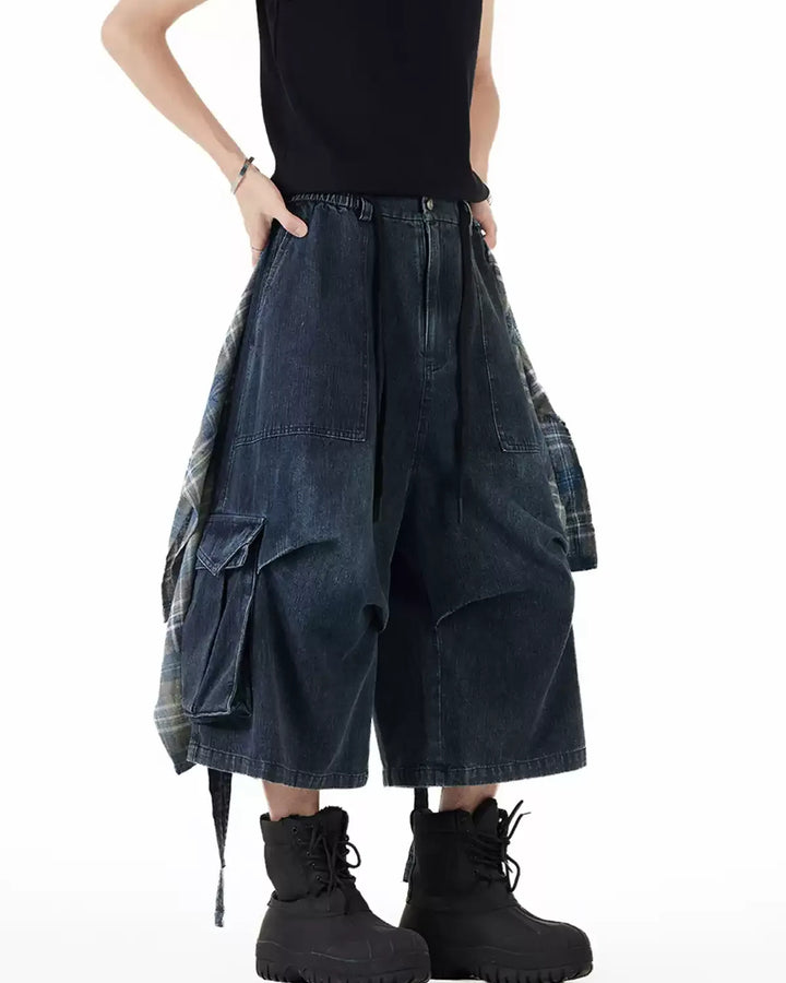 Side view of Denim Plaid Patchwork Cargo Shorts