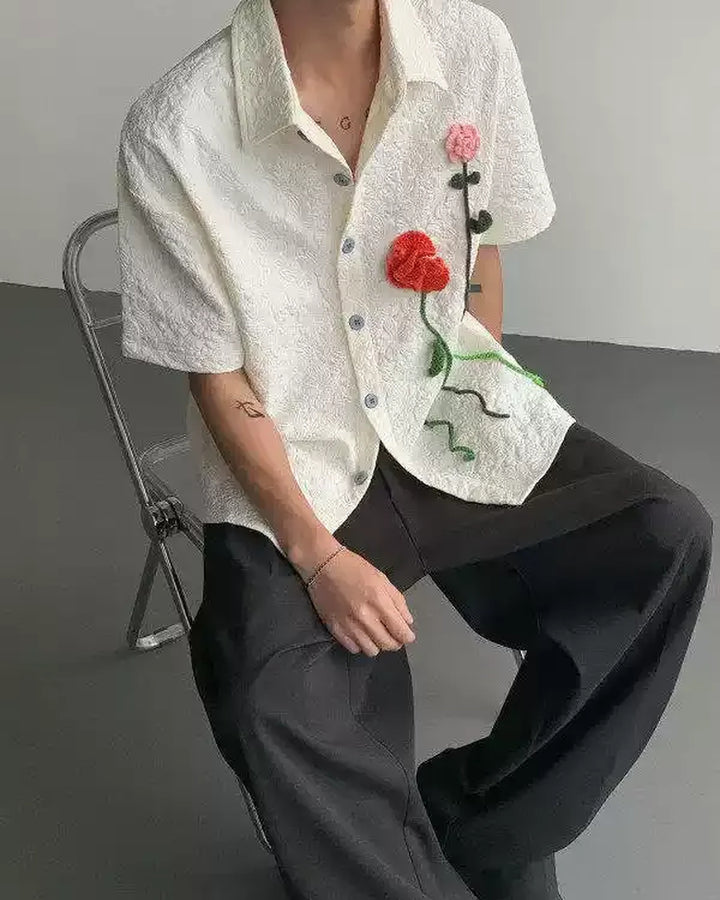 Back view of Floral Appliqué Short Sleeve Shirt