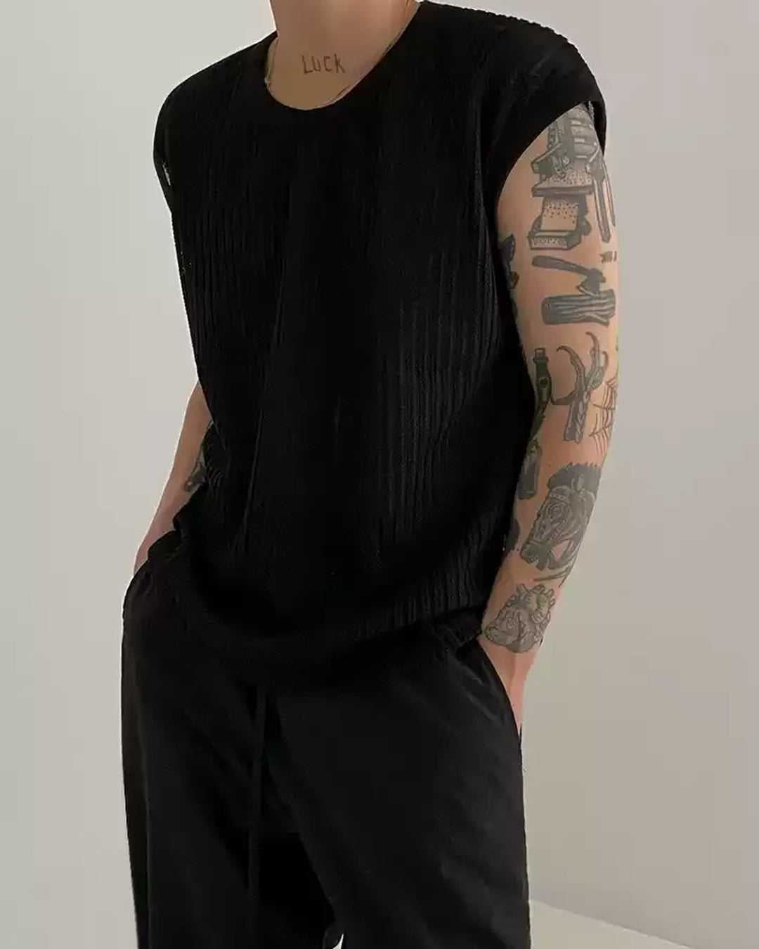 Side view of Sheer Ribbed Sleeveless Tank Top