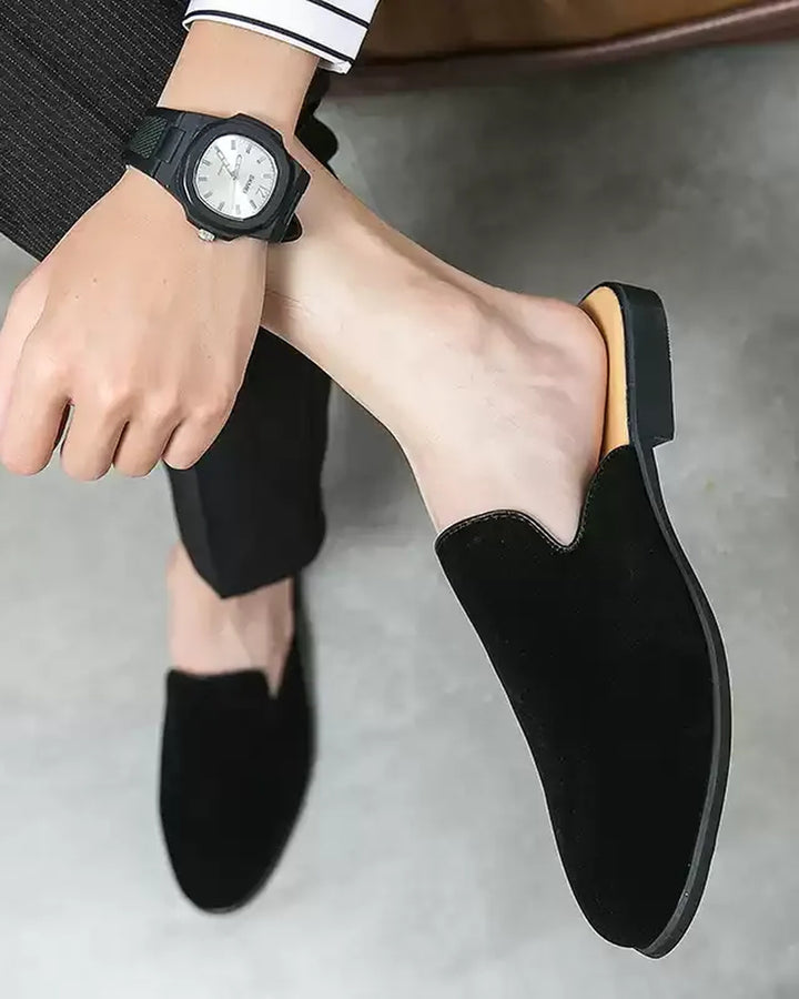 Front view of Black Suede Slip-On Shoes