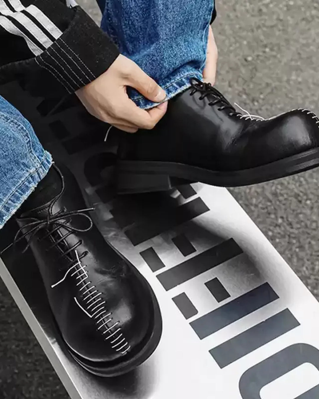Additional product image of Black Leather Gothic Chunky Heel Shoes