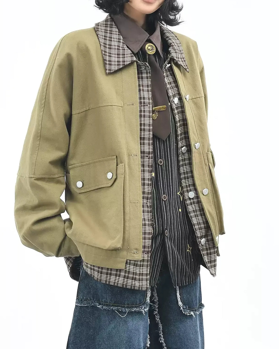 Additional product image of Plaid Contrast Collar Utility Pocket Workwear Jacket
