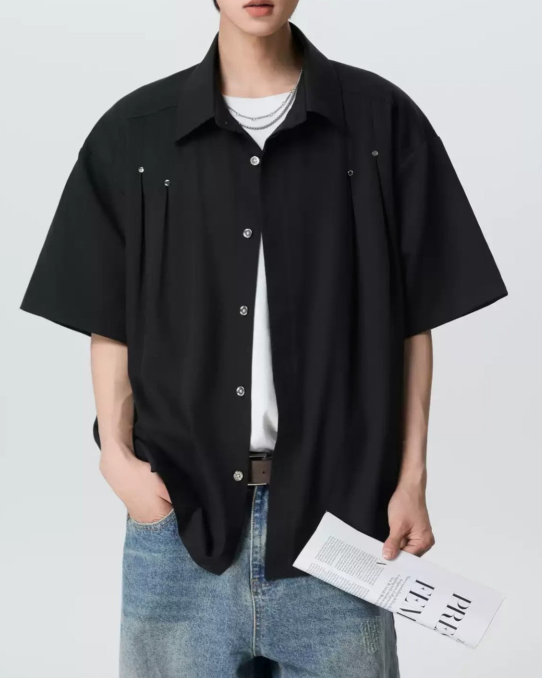 STEP BLOCK MT555 Studded Short Sleeve Button-Up T-Shirt - Streetwear