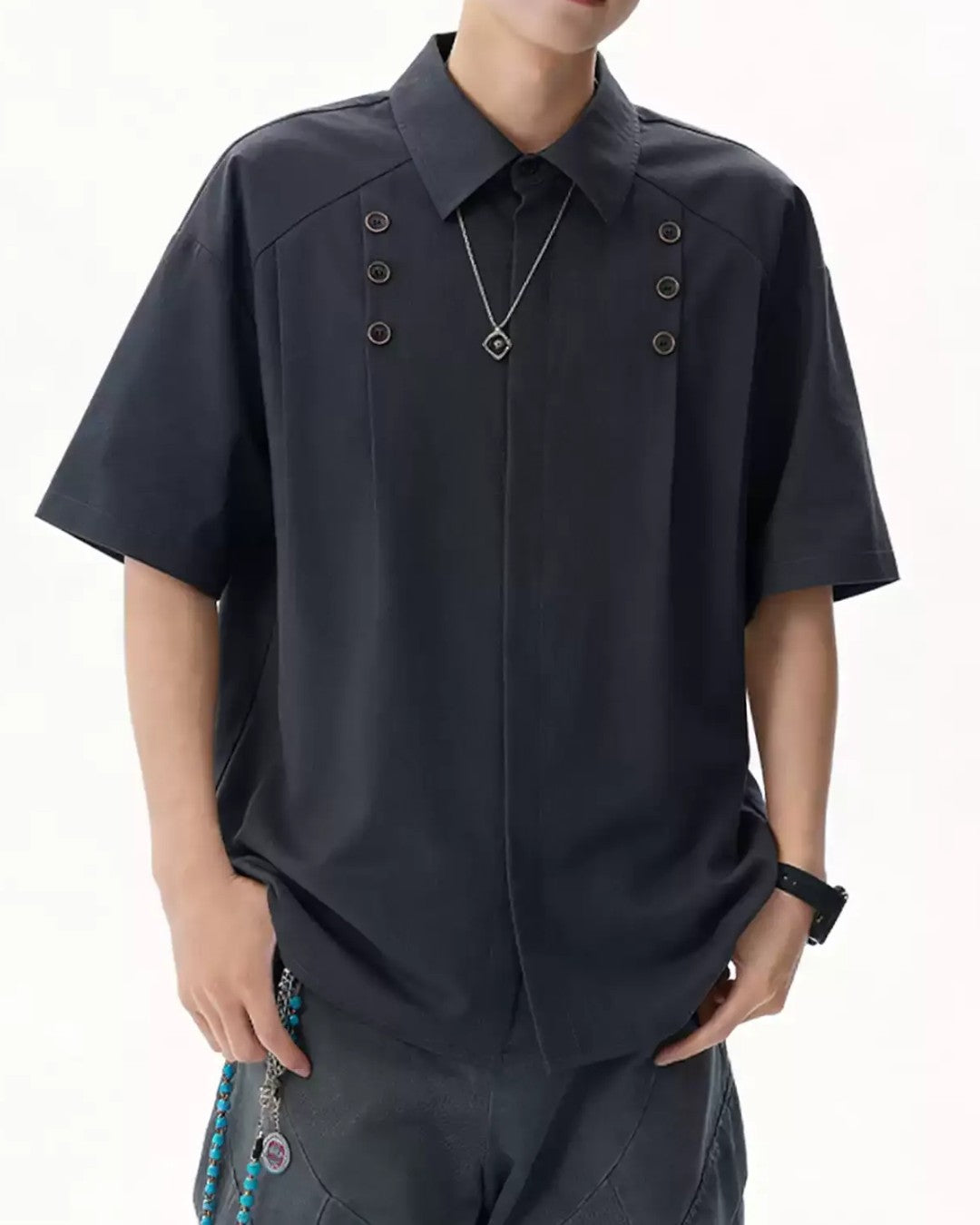STEP BLOCK MT558 Multi-Button Layered Short Sleeve T-Shirt - Techwear Aesthetic
