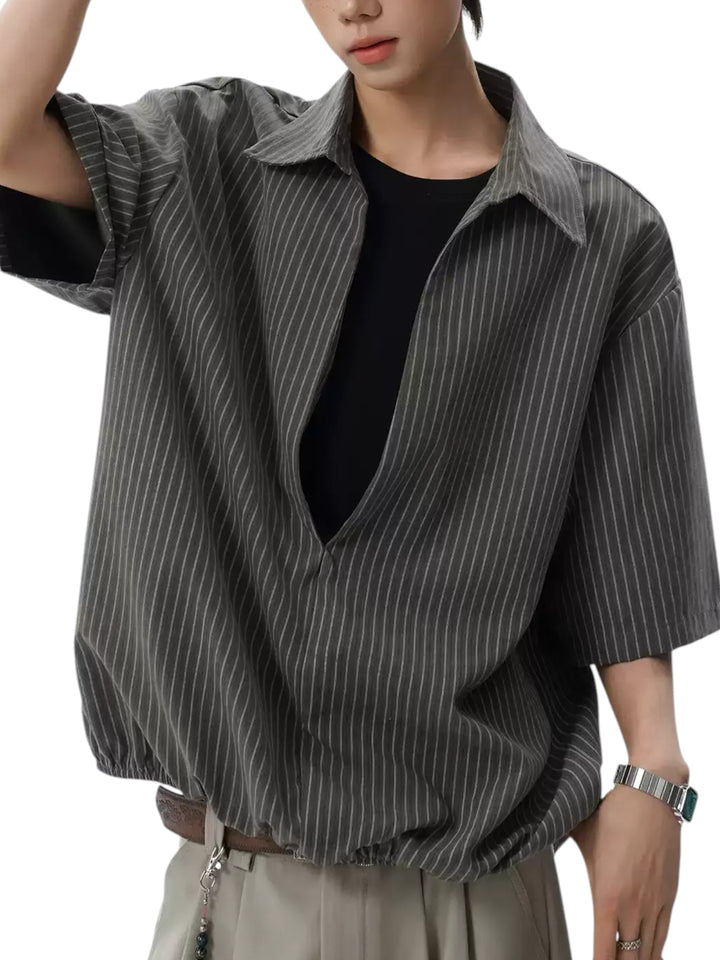 STEP BLOCK MT562 Retro Striped Texture Short Sleeve Button-Up Shirt