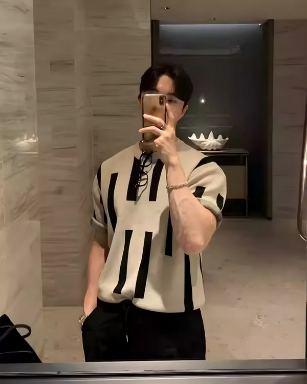 STEP BLOCK MT514 Men's Beige & Black Striped Knit Oversized Streetwear tshirt