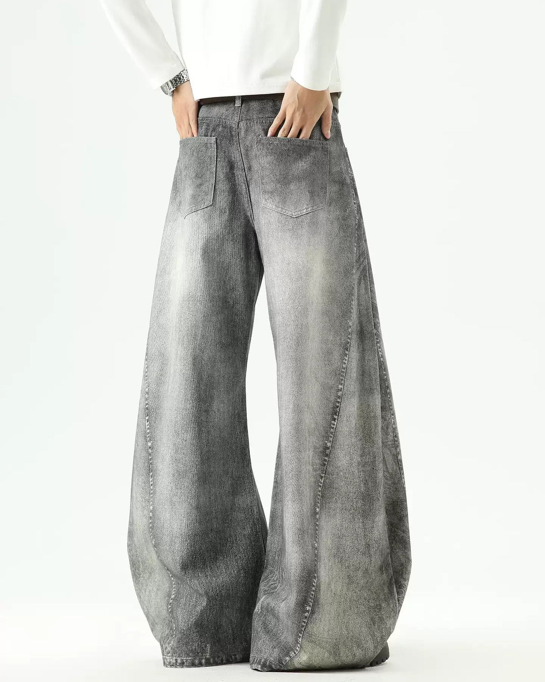 Grey Washed Baggy Flare Jeans
