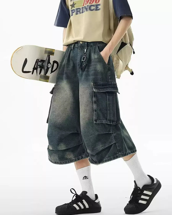 Back view of Washed Distressed Denim Cargo Shorts