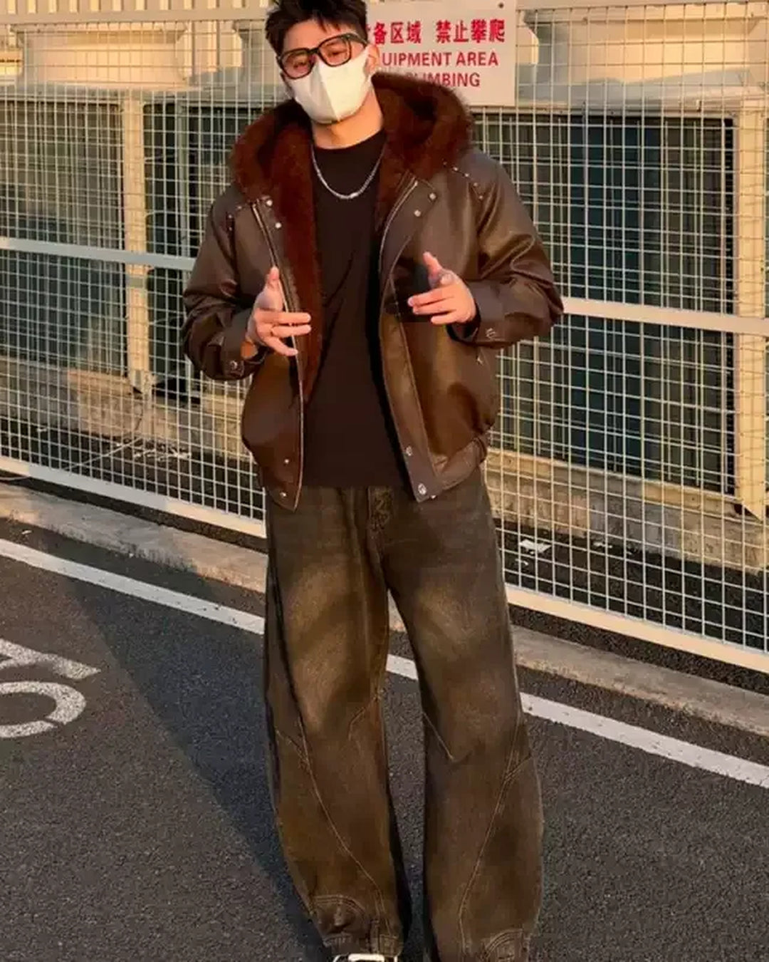 Additional product image of Cropped Shearling Collar Washed Faux Leather Bomber Jacket