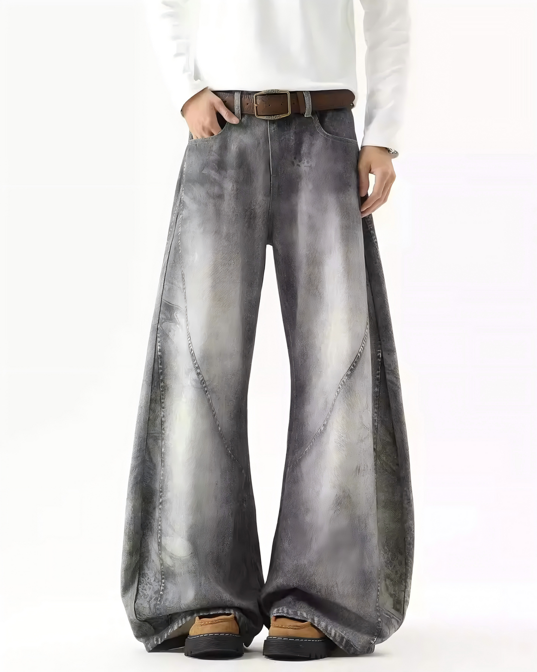 STEP BLOCK MT053 vintage washed grey baggy flare jeans