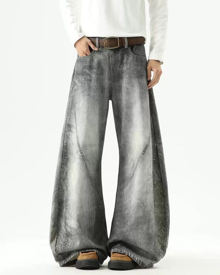 Grey Washed Baggy Flare Jeans