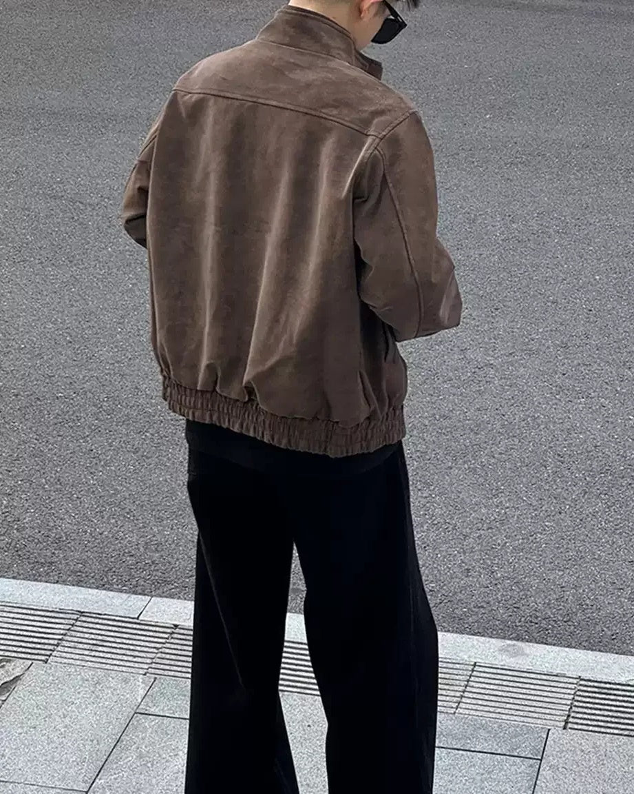 Back view of Washed Distressed Faux Leather Stand Collar Utility Jacket