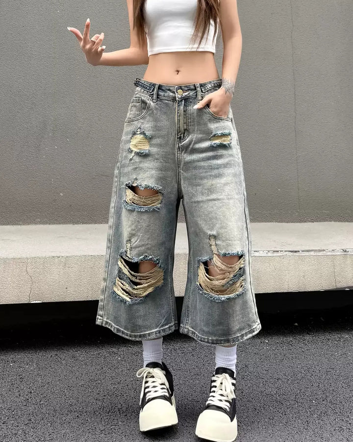 Back view of Distressed Ripped Denim Wide Leg Shorts