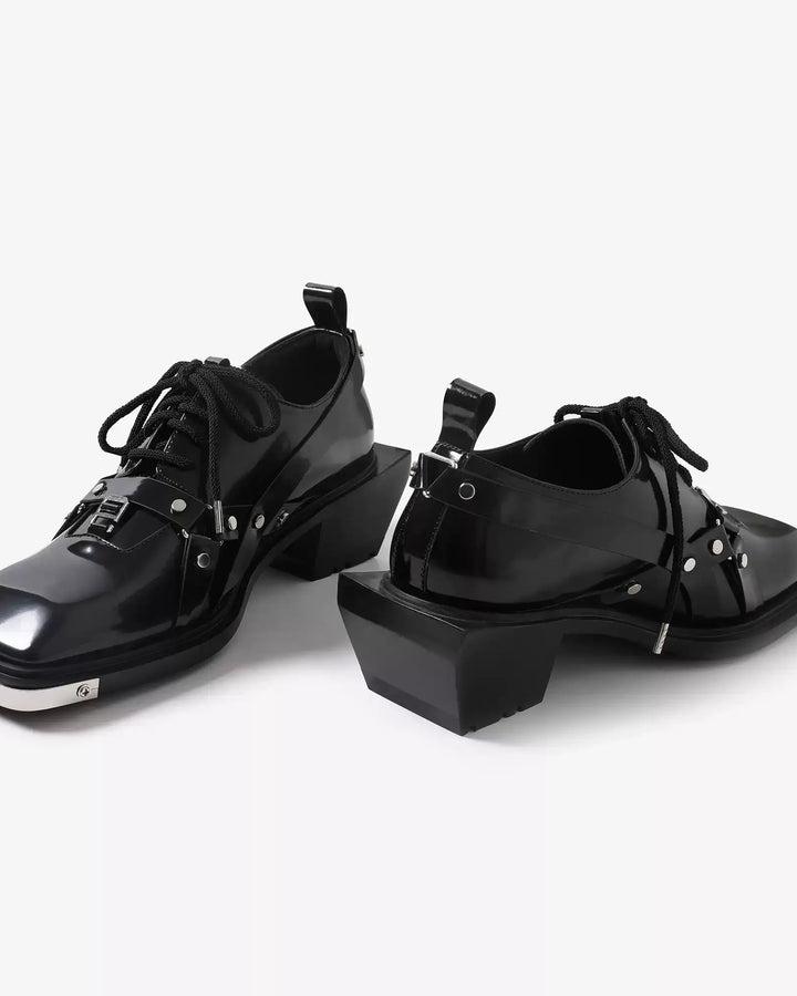 Close-up sole detail of Black Leather Gothic Chunky Heel Shoes