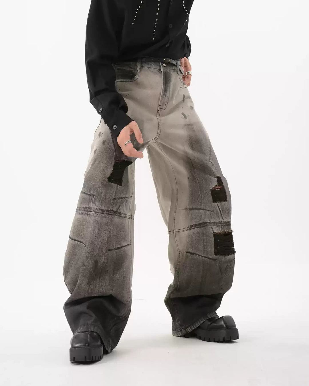 Additional product image of Black Patch Distressed Baggy Jeans