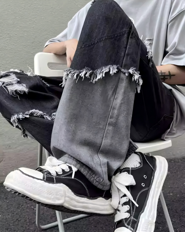 STEP BLOCK MT027 vintage washed distressed patchwork baggy jeans