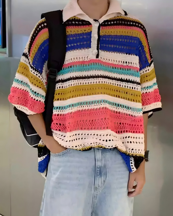STEP BLOCK MT520 Men's Colorful Striped Knit Oversized Streetwear tshirt