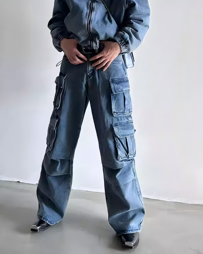 STEP BLOCK MT030 vintage washed multi-pocket baggy cargo jeans