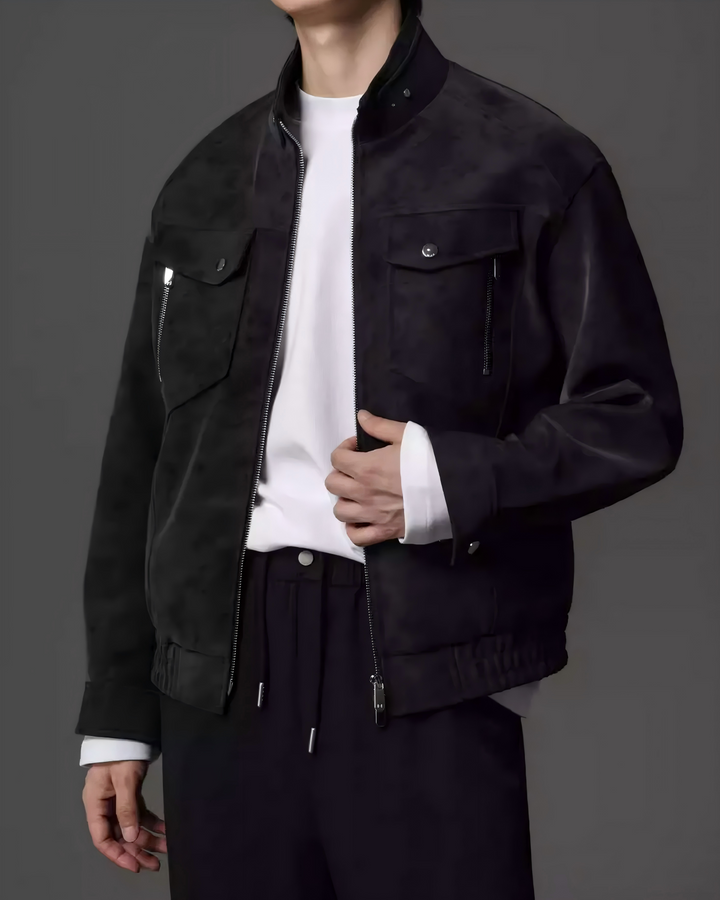 STEP BLOCK ST048 Washed Distressed Faux Leather Stand Collar Utility Jacket