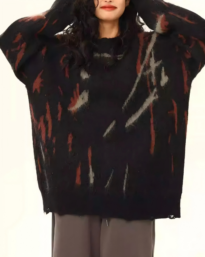 STEP BLOCK ST1014 Distressed Abstract Print Sweater
