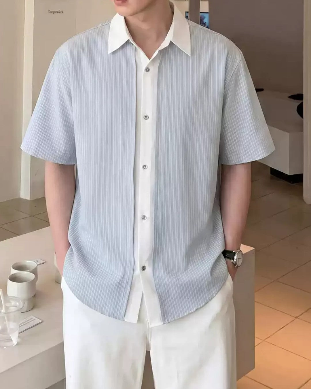 STEP BLOCK MT561 Contrast Collar Short Sleeve Button-Up Shirt