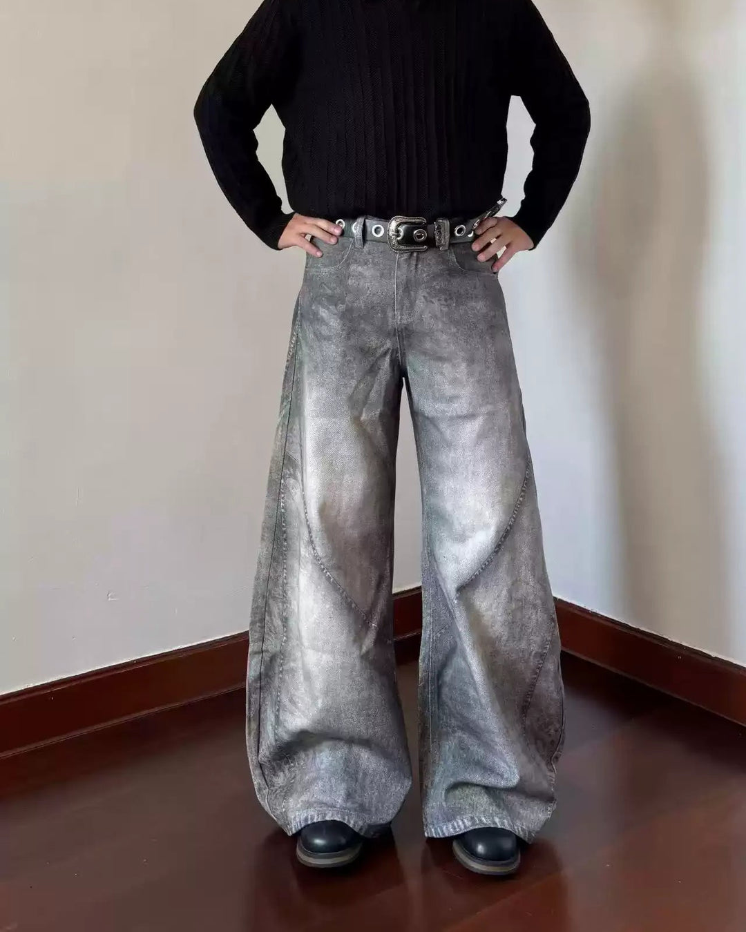 Grey Washed Baggy Flare Jeans
