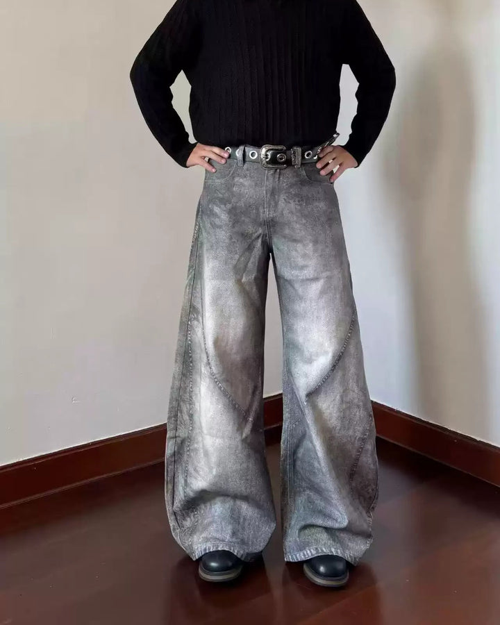 Grey Washed Baggy Flare Jeans