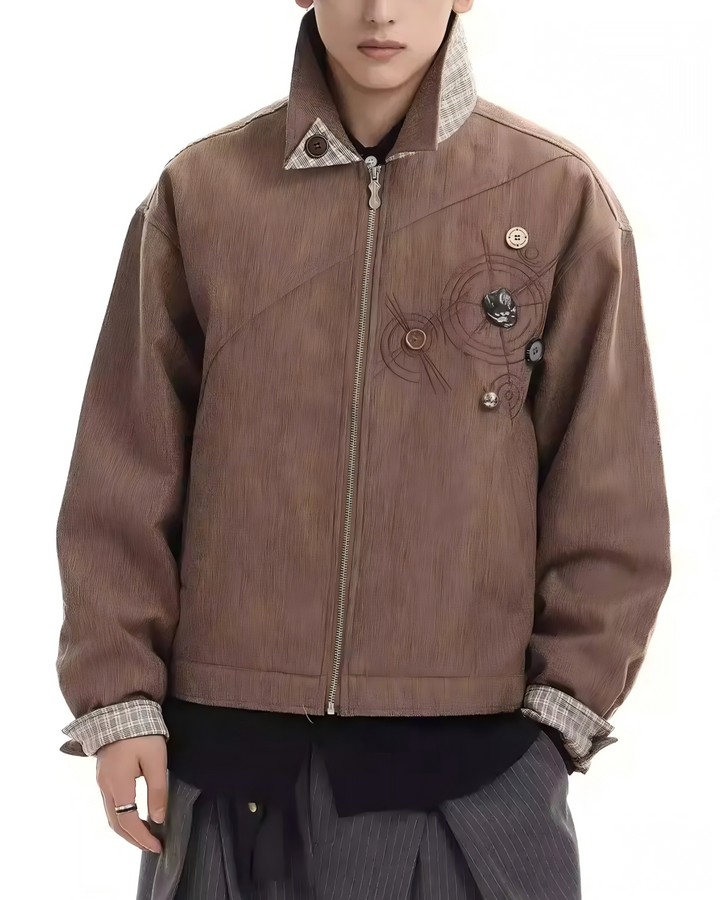 STEP BLOCK ST005 Vintage Washed Badge Detail Workwear Zip-Up Jacket