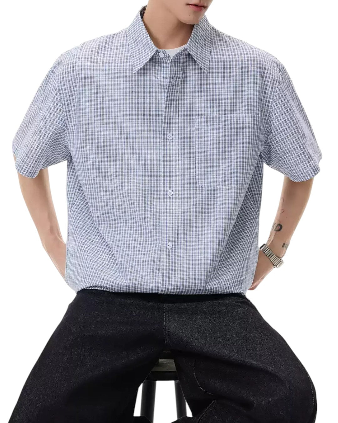 STEP BLOCK MT560 Plaid Checkered Short Sleeve Button-Up Shirt