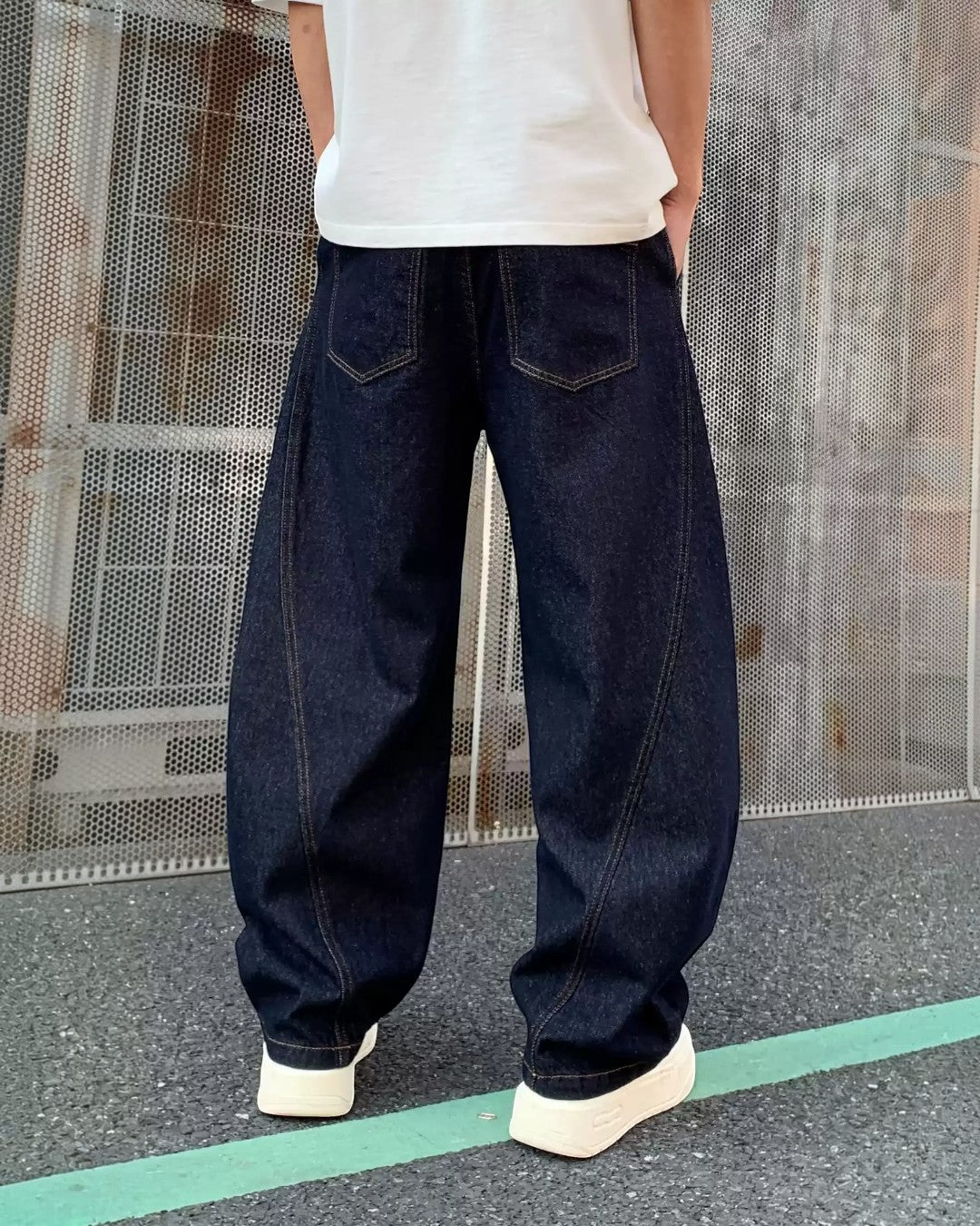 Back view of Raw Denim Wide Leg Jeans