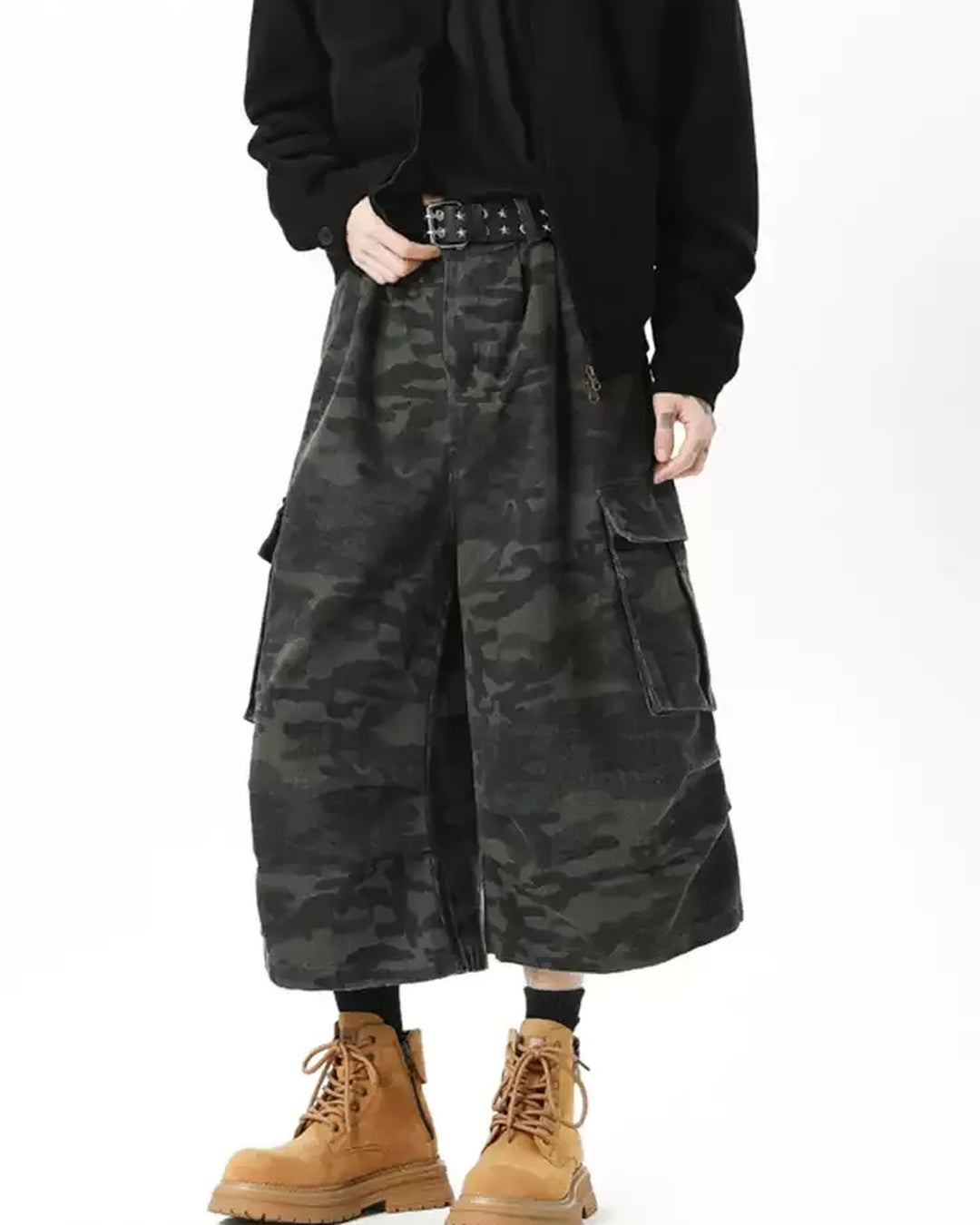 Side view of Camo Cargo Wide Leg Shorts