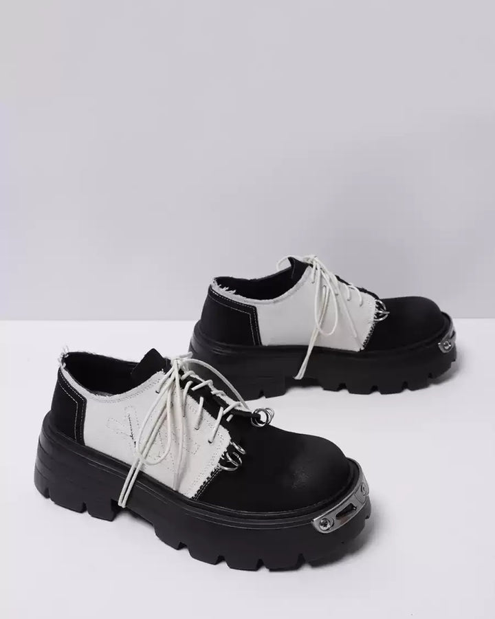 Close-up sole detail of Black and White Gothic Chunky Platform Shoes