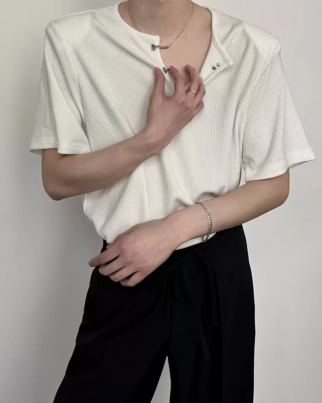 Close-up detail of Ribbed V-Neck Oversized T-Shirt