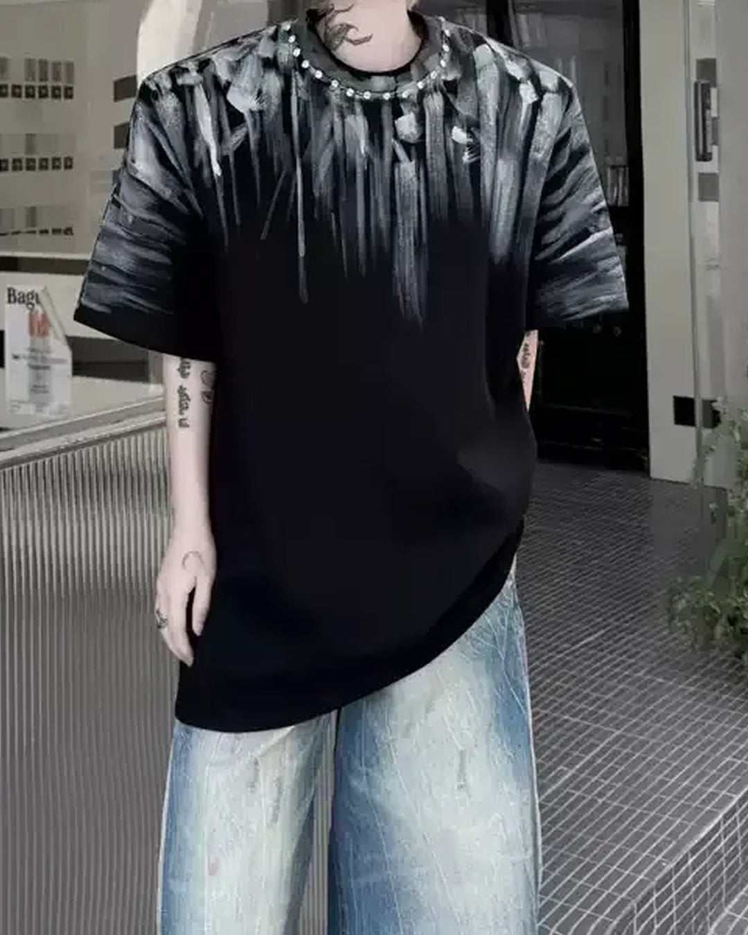 Lifestyle styling view of Black and White Gradient Print Oversized T-Shirt